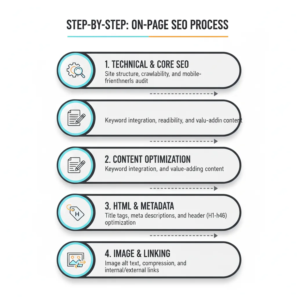 On-Page SEO 4-step strategy visual guide