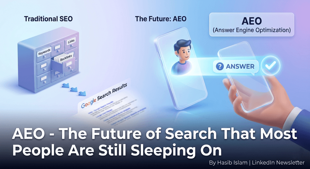 Answer Engine Optimization (AEO) guide showing how AI search engines like Google and ChatGPT pull direct answers from websites